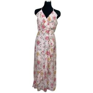 No Boundaries Maxi Dress Juniors M 7-9 Pink Faux Wrap Ruffle Floral Romantic
